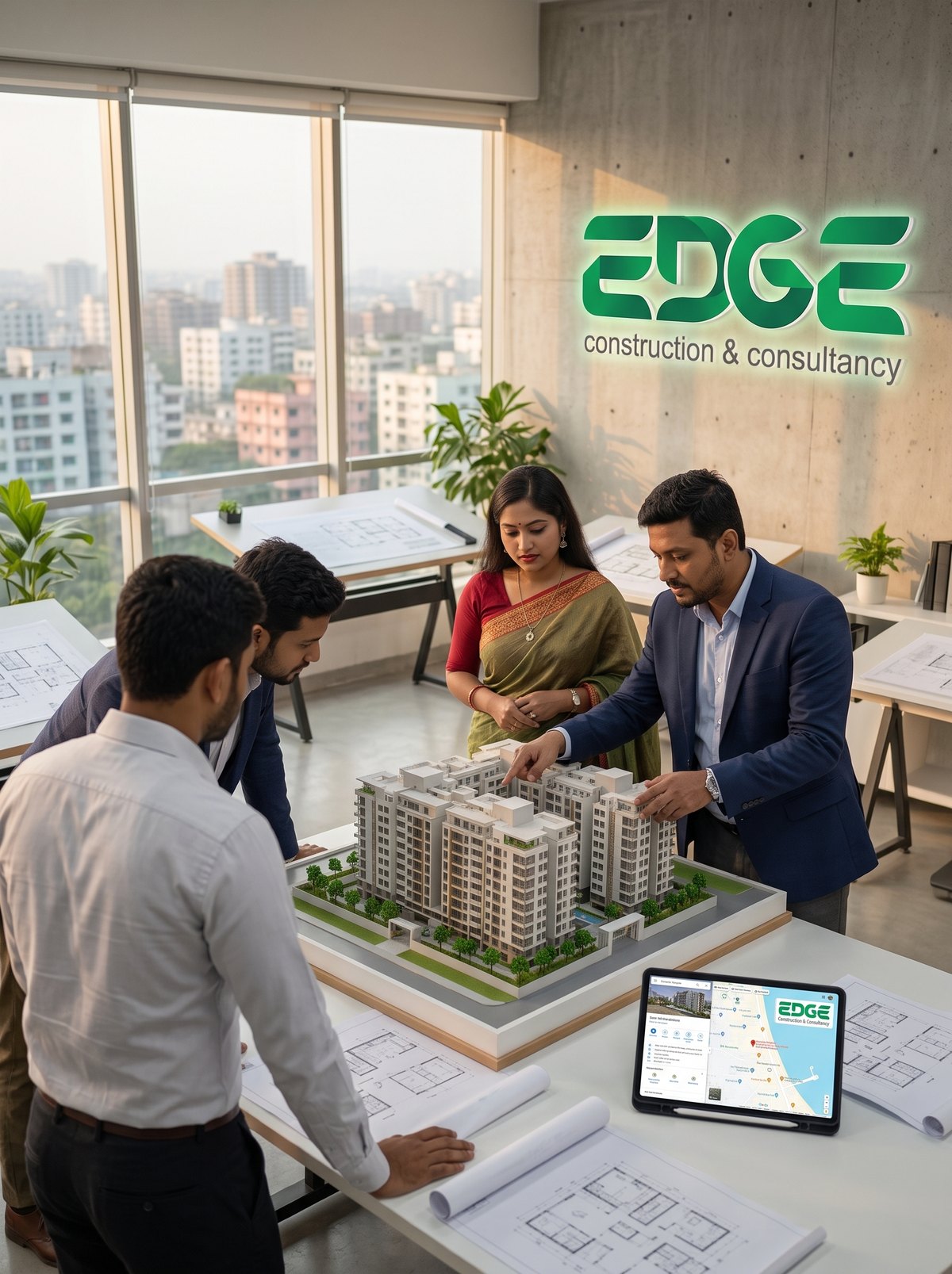 The Edge Construction & Consultancy team reviewing a residential development model at the Dhaka head office